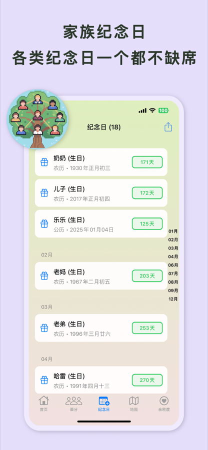RelaTree 纪念日列表界面